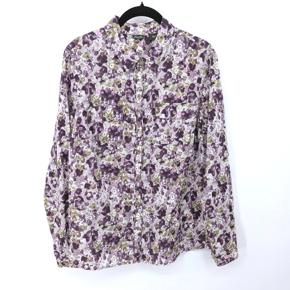 Eddie Bauer Button Down Women Medium Purple Floral Long Sleeve Utility Shirt